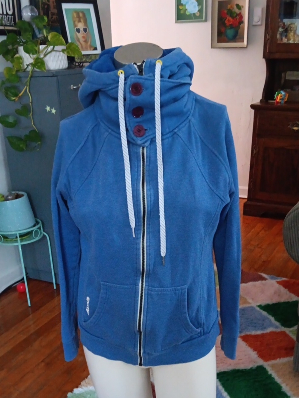 nomi Blue Hooded Zip-Up Sweatshirt with Buttoned Neck